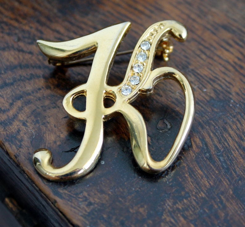 Vintage Letter K Rhinestone Initial Brooch Pin Gold Tone Costume ...