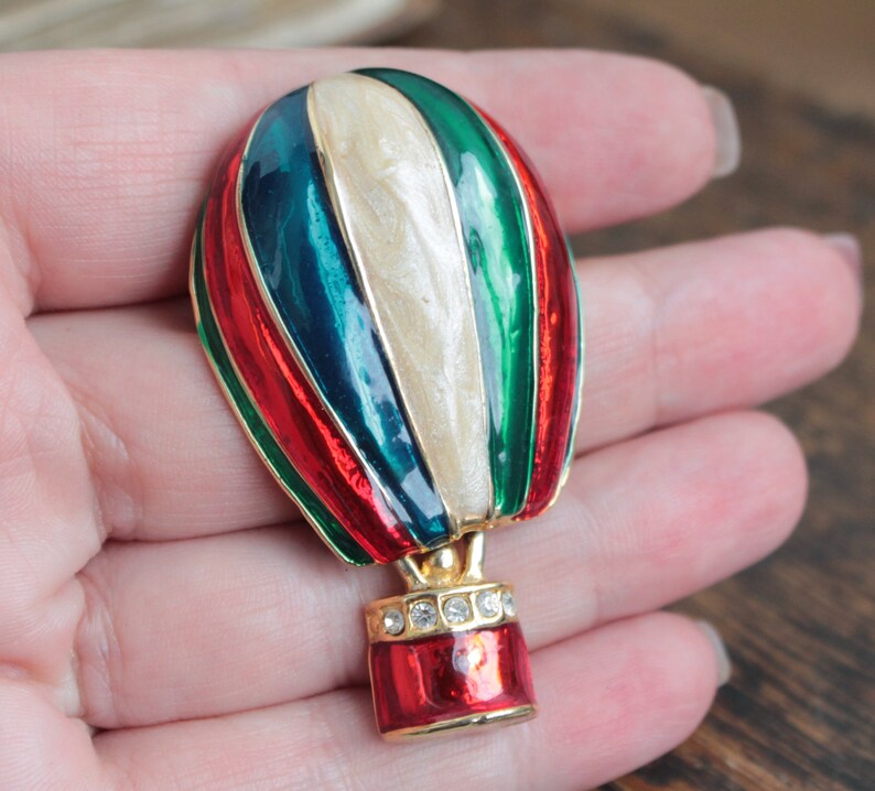 Vintage Rhinestone Hot Air Balloon Drooch Red Green Blue White Aerostat ...