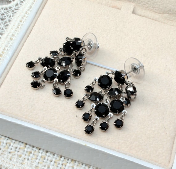 Vintage cha cha earrings Black rhinestone chandelier earrings silver tone Jewelry gift for sister in law View 4