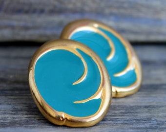 Vintage oval teal earrings stud gold tone Mid Century costume jewelry Enamel studs Modernist jewelry for women