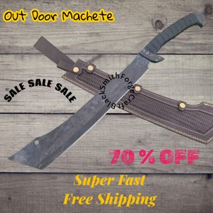 May include: A large outdoor machete with a dark blade and a green handle, in a brown leather sheath. The text "Out Door Machete" is at the top, with "SALE" and "70% OFF" also visible.