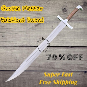 May include: A large falchion sword with a curved blade, wooden handle, and white crossguard. The text "Grosse Messer Falchions Sword" is at the top. The image also includes the text "70% OFF".