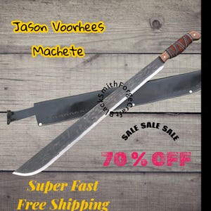 May include: A machete with a dark blade and a wooden handle wrapped in brown leather. The text "Jason Voorhees Machete" is displayed in yellow. The image also includes the text "SALE 70% OFF".