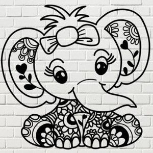 May include: A black and white line art illustration of a cute cartoon elephant with a bow on its head. The elephant is sitting down and has a floral design around it.