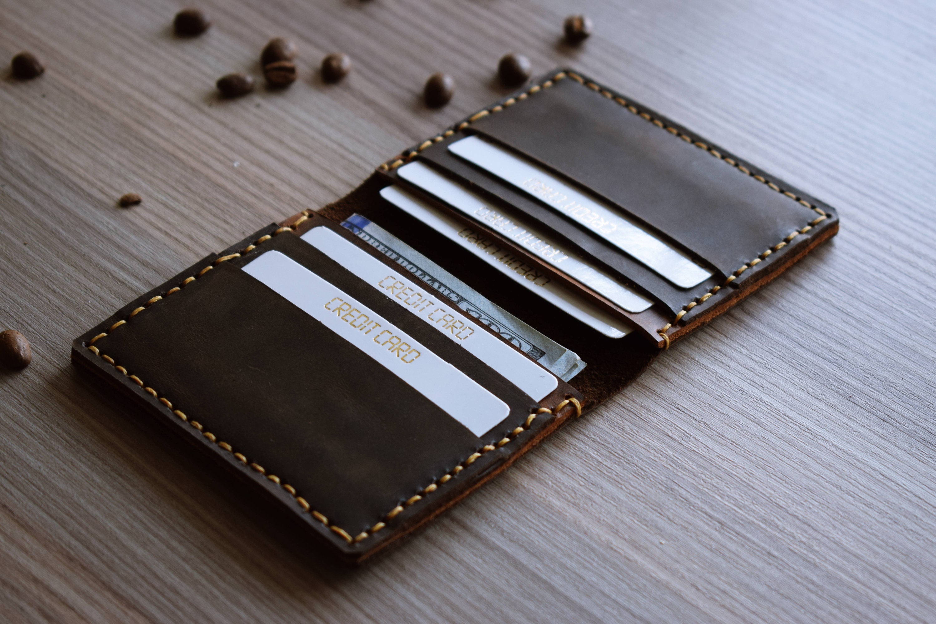 Leather Folding Card Holder for Men Handmade Bifold Credit Etsy