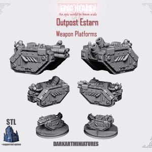 Könnte beinhalten: Ein Satz von 3D-gedruckten Waffenplattformen aus grauem Kunststoff für ein Tabletop-Brettspiel. Die Plattformen verfügen über eine Vielzahl von Waffen und Geschütztürmen, darunter eine große Kanone und eine kleinere Laserkanone. Die Plattformen sind für die Verwendung mit 8-mm-Miniaturen konzipiert.