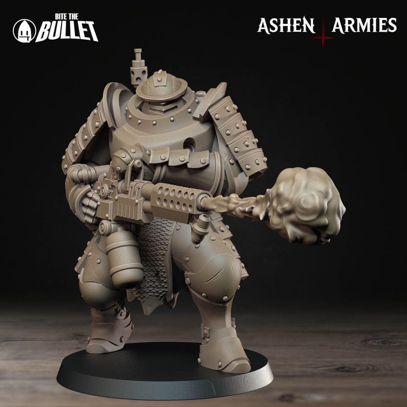 May include: A detailed, unpainted miniature figure of a heavily armored warrior. The figure is in a standing pose, holding a large weapon with a bulbous head. The figure is part of the "Ashen Armies" collection, as indicated by the text on the top right.