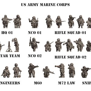Pode incluir: Um conjunto de 10 figuras de plástico em miniatura que representam soldados do Exército dos EUA e do Corpo de Fuzileiros Navais em várias poses e com diferentes armas. As figuras são pintadas com um padrão de camuflagem realista e são etiquetadas com os nomes de suas unidades, como HQ 01, NCO 01, Rifle Squad 01, Mortar Team, NCO 02, Rifle Squad 02, Engineers, M60, M72 LAW e Snipers.