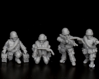 May include: Four gray plastic toy soldiers in military poses. Two soldiers are kneeling, one is standing and aiming a weapon, and one is standing with a weapon at their side.