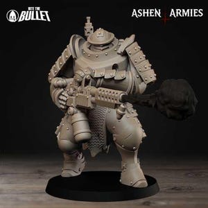 May include: A detailed, gray miniature figure of a heavily armored soldier, holding a large weapon that emits a cloud of black smoke. The figure is on a black base, with the text "Bite the Bullet" and "Ashen Armies" visible.