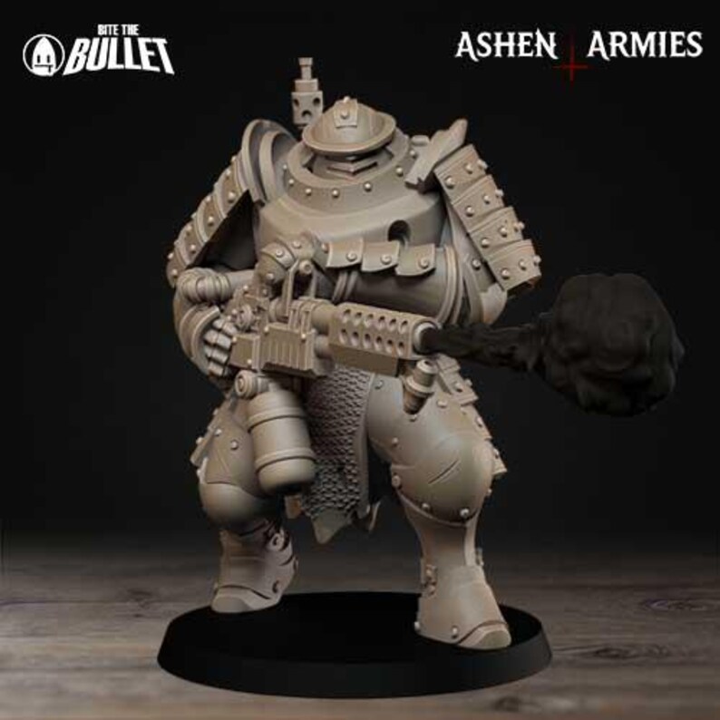 May include: A detailed, gray miniature figure of a heavily armored soldier, holding a large weapon that emits a cloud of black smoke. The figure is on a black base, with the text "Bite the Bullet" and "Ashen Armies" visible.