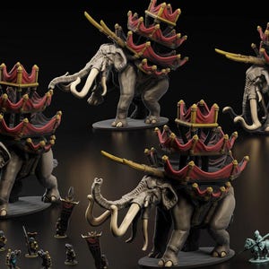 May include: A selection of fantasy miniatures. The image shows grey elephants with elaborate red and gold crown-like structures on their backs. There are also miniature figures and banners, all against a dark backdrop.