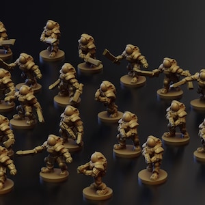 Può includere: Una collezione di 25 miniature, ciascuna raffigurante una figura umanoide in un'armatura futuristica. Le miniature sono realizzate in plastica marrone chiaro e sono poste in varie pose d'azione. Ogni miniatura tiene un'arma, come una spada, una pistola o un bastone.