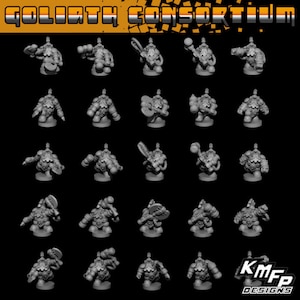 Puede incluir: Un conjunto de 25 figuras en miniatura de enanos en varias poses, cada una sosteniendo un arma o herramienta diferente. Las figuras están pintadas en color gris y están dispuestas en una cuadrícula. El texto "Goliath Consortium" está en la parte superior de la imagen, y el texto "KMF Designs" está en la parte inferior derecha.