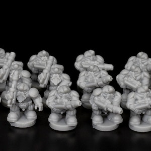 May include: A set of 15 gray plastic miniature figures, each holding a weapon, standing on a black surface.