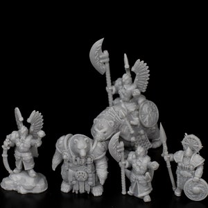 May include: A set of seven grey plastic miniature figurines depicting warriors riding various animals. The figures are detailed with armour, weapons, and wings.