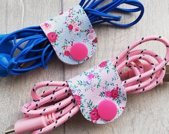 2 x  Pink and Blue Rose Cable Tidies - Cable organisers - Headphone tidy - Charging Cable tidy - USB tidies - Cord Tidy  - Vintage Rose