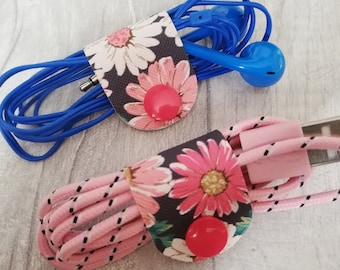 2 x  Pink Floral Rose Cable Tidies - Cable organisers - Headphone tidy - Charging Cable tidy - USB tidies - Cord Tidy  - Floral Themed