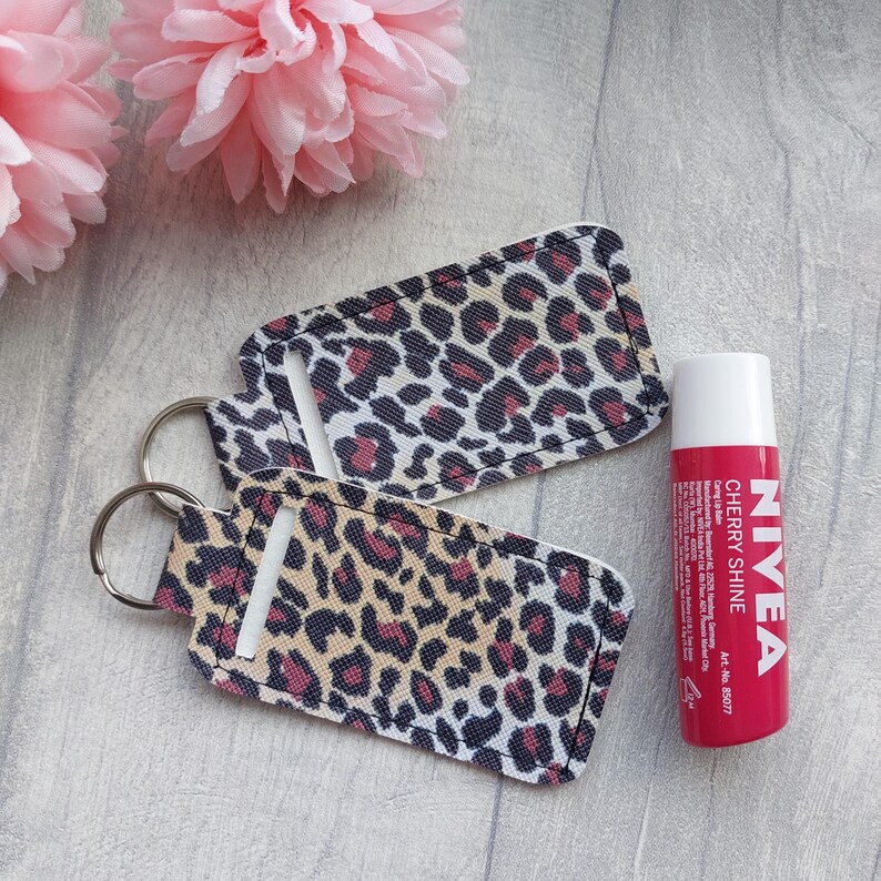 Leopard Print Faux Leather Lip Balm Holder Keyring for Keys, Lanyard or ...