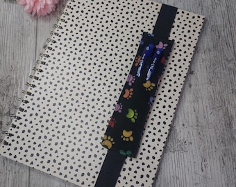 A4 Colourful Paw Print Fabric Pen Holder Elasticated Bookmark - For A4 sized Notebooks, Journals and Diaries - Dog Owner Gift