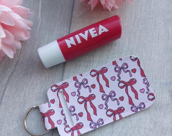 Pink Bows Faux Leather Lip Balm Holder Keyring - Chapstick holder -  Bag Charm- Lanyard Accessory