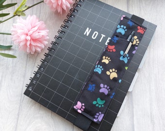 Colourful Paw Print Fabric Pen Holder Elasticated Bookmark -For A5 sized Notebooks, Journals and Diaries - Pet Owner Gift - Cat or Dog Owner