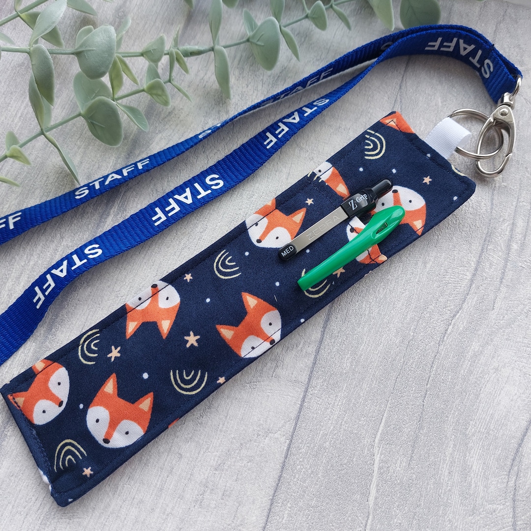 Fabric Pen Holder for Lanyards Holds 1 or 2 Pens or Pencils Handmade From Navy Fox Fabric Cute