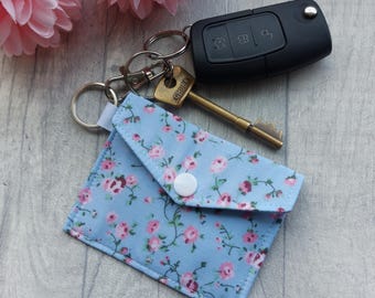 Blue Rose Fabric Purse Keychain or lanyard accessory - Handmade Wallet Keyring Accessory