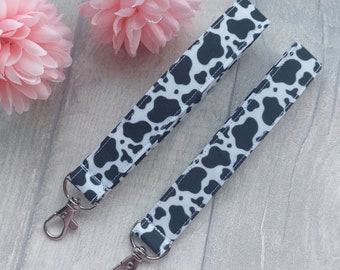 Cow Print Fabric Wristlet - Wristlet key fob - Key fob keychain -Wrist lanyard -Wristlet with lobster clip- Black and White Cow Print