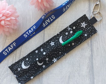 Fabric Pen Holder for lanyards - Holds 1 or 2 pens or pencils - Handmade from Black Star and Moon Fabric - Celestial Lanyard Pen Holder