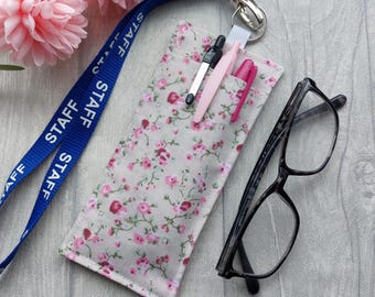 Vintage Rose Fabric Double Sided Glasses & Pen Holder for Lanyard - Handmade Teacher Accessory