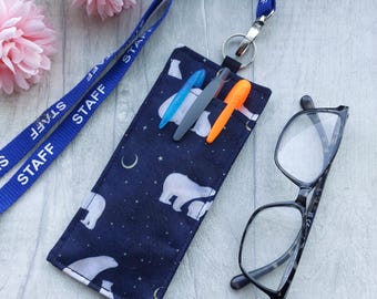 Polar Bear Double Sided Glasses & Pen Holder for Lanyard - Handmade Fabric Teacher Accessory - Navy Background