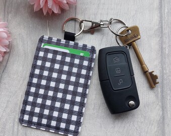 Black and White Checked Card Holder Keyring: Handmade from Faux Leather - for keys or lanyard