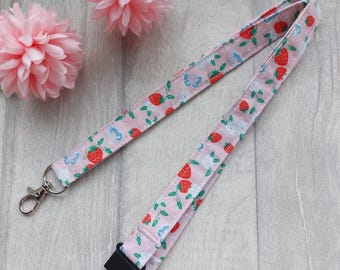 Pink Strawberry Fabric Lanyard - Handmade - Breakaway clasp