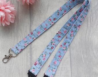 Blue Rose Fabric Lanyard - Handmade - Breakaway clasp