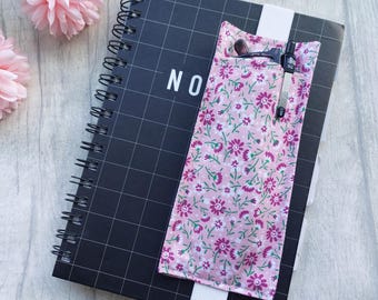 Pink Floral Glasses Holder Bookmark - Wide Bookmark - A5 Planner or Notebook Accessory - Elasticated