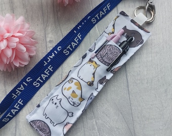 Cute Cats Fabric Pen Holder for lanyards - Holds 1 or 2 pens or pencils - Handmade from Pastel Cat Fabric - Teacher Lanyard Pen Holder
