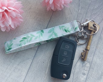 Botanical Leaves Fabric Wristlet Keychain with Lobster Clip