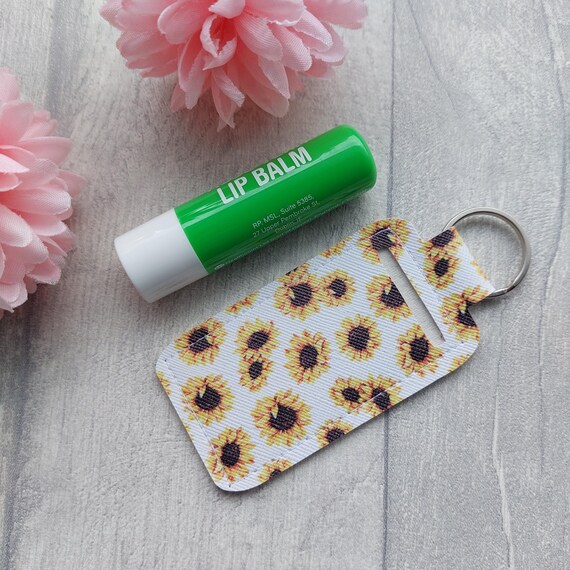 Sunflowers with White Background Lip Balm Holder Keyring Floral Faux Leather Keyring Sunflower Print Chapstick holder for keys or bag