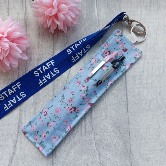 Blue Vintage Rose Fabric Pen Holder for lanyards - Holds 1 or 2 pens or pencils - Handmade from Floral Fabric - Teacher Pen Holder