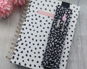 Black and White Floral Fabric Pen Holder Bookmark: A5 Journal & Notebook Accessory