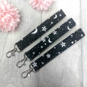 Black Star and Moon Fabric Wristlet Keyring:  Handmade Celestial Key Fob with Lobster Clip