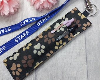 Brown Paw Print Fabric Pen Holder for Lanyard: Work Lanyard - Handmade Teacher Accessory