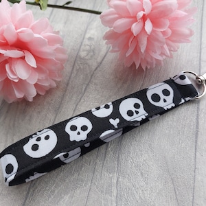 Skull Fabric Wristlet Keychain: Black and White Handmade Key Fob with lobster clip