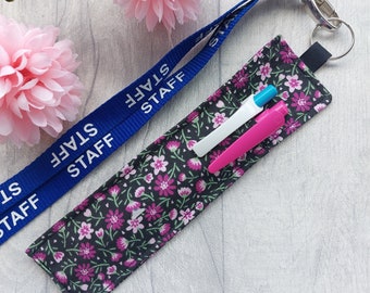 Fabric Pen Holder for lanyards - Holds 1 or 2 pens or pencils - Handmade from Purple Floral Fabric - Ditsy Purple Flowers Teacher Lanyard