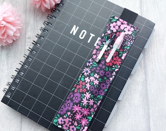 Purple & Pink Floral Fabric Pen Holder Bookmark - A5 Journal or Notebook Accessory - Elasticated