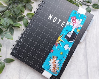 Comic Book Fabric Fabric Pen Holder Bookmark - A5 Journal or Notebook Accessory - Elasticated
