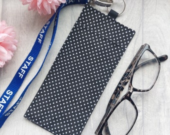 Black and White Polka Dot Lanyard Glasses Holder - Handmade from Black and White Spotty Print Fabric - Teacher Lanyard Accessory