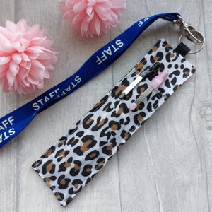Fabric Pen Holder for lanyards - Holds 1 or 2 pens or pencils - Handmade from Black and White Leopard Print Fabric - Teacher Lanyard