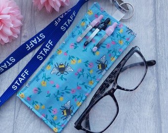 Blue Bee Fabric Double Sided Glasses & Pen Holder for Lanyard - Handmade Teacher Accessory